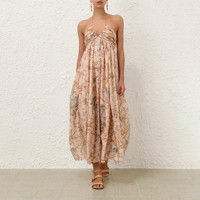 zimmermann summer swim roselight halter silk maxi dress